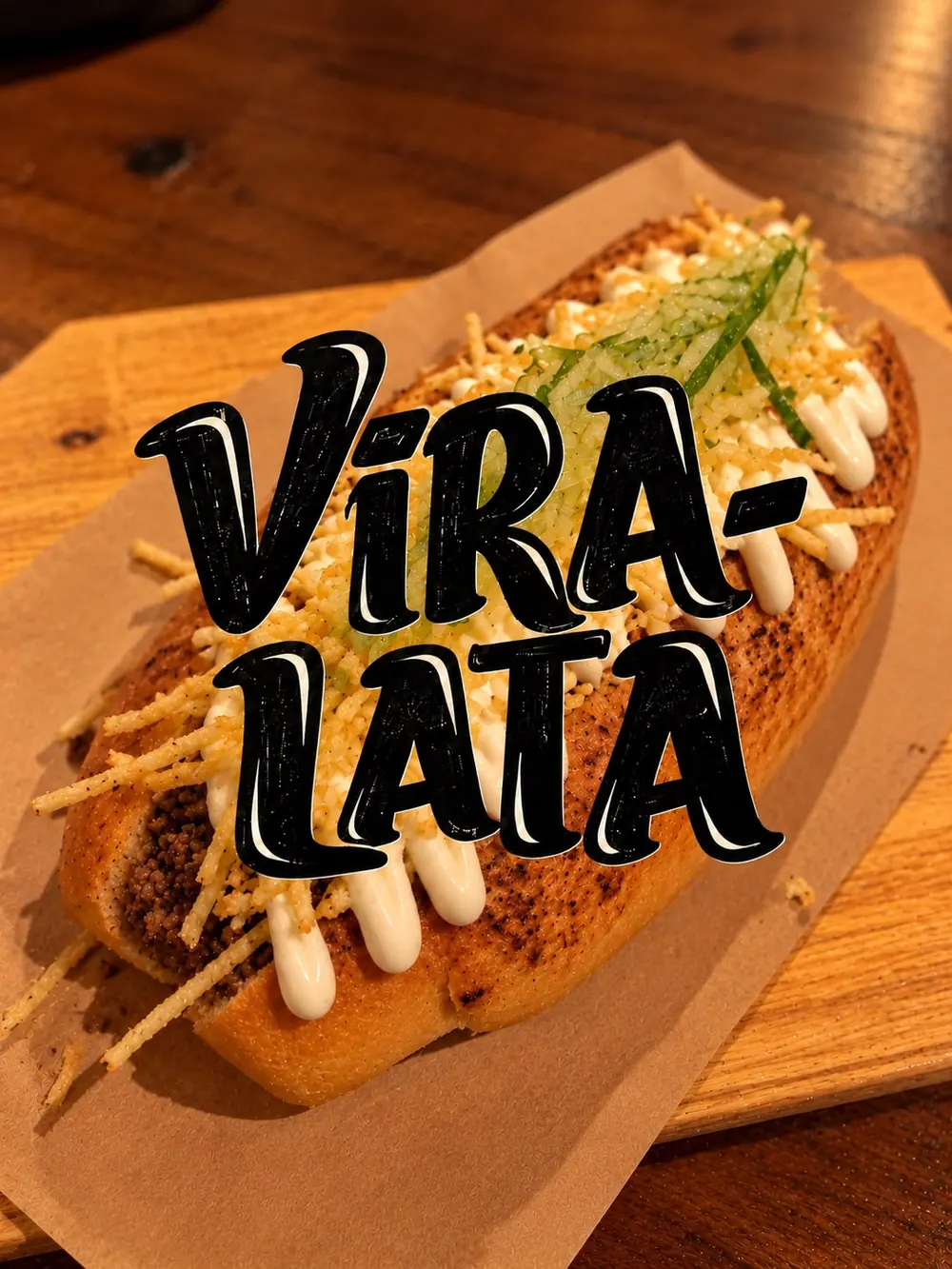 Cachorro-quente com carne moída, maionese e batata palha, com a marca Vira-Lata